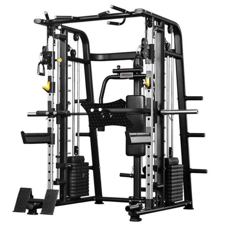 A multifunctional gym machine with various attachments, including cables, pulleys, and weights. Its designed for strength training exercises, featuring handles, a pull-up bar, and areas for weight storage. The frame is predominantly black and silver.
