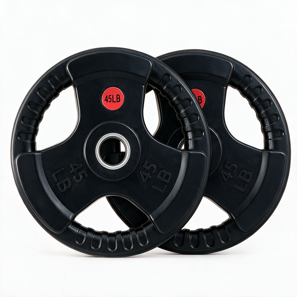 Two BefitNow Canada Premium Rubber Plates — Ultra-Durable, Low Bounce, each weighing 45LB and featuring a distinctive red 45LB marking and hand grips, are positioned upright against a plain white background. Sold in pairs with a lifetime warranty.