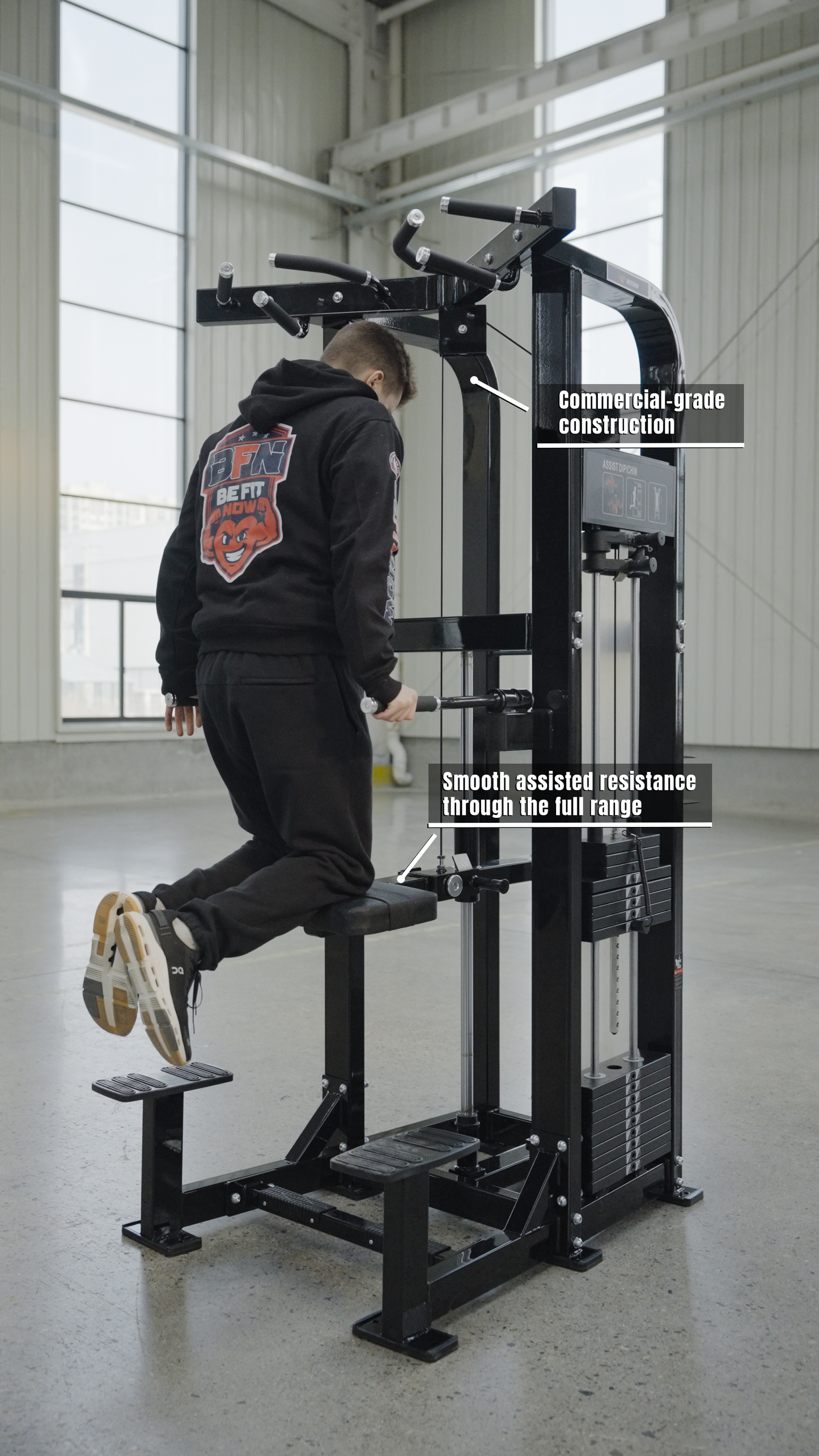 A person uses the BefitNow Canada Dip/Chin Assist machine in a bright gym, showcasing its commercial-grade build and smooth assisted resistance—ideal equipment for commercial gyms focused on full-range upper-body strength training.