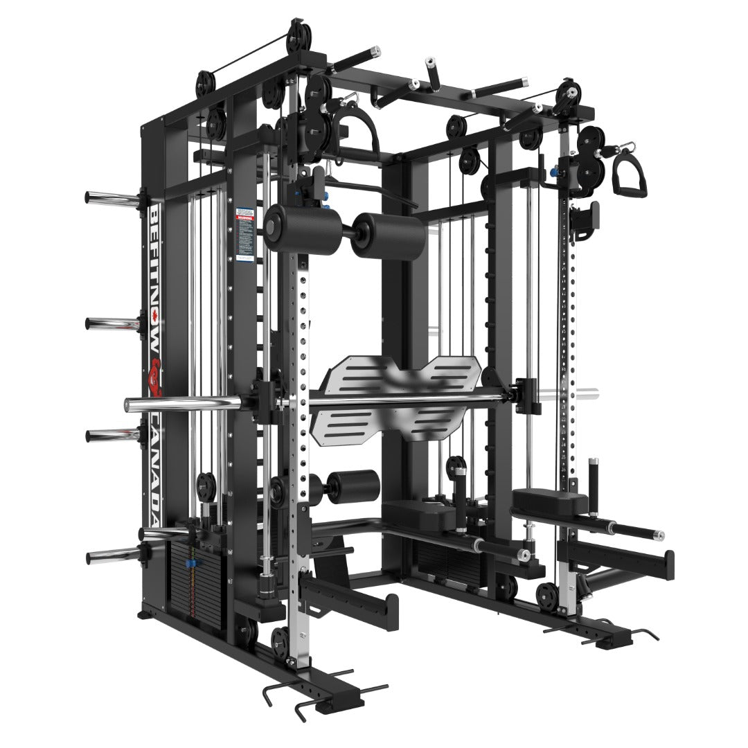 A multi-functional home gym machine with various fitness equipment, including weight plates, pulleys, and a squat rack. It has attachments for strength training exercises like lat pulldowns and chest presses. Black and silver color scheme.