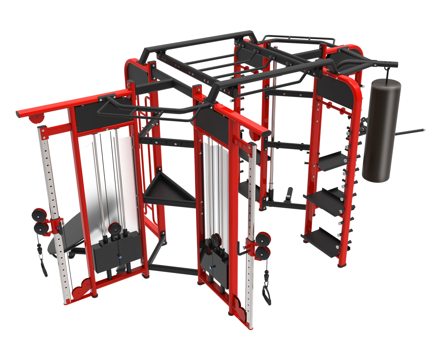 The BefitNow Canada PT360B Synergy 360 (6 Gates) is a red and black multi-station gym with cable pulleys, pull-up bars, step platforms, punching bag, 1808lbs weight stack; size: 165"x106"x94", ideal for versatile strength and cardio workouts.