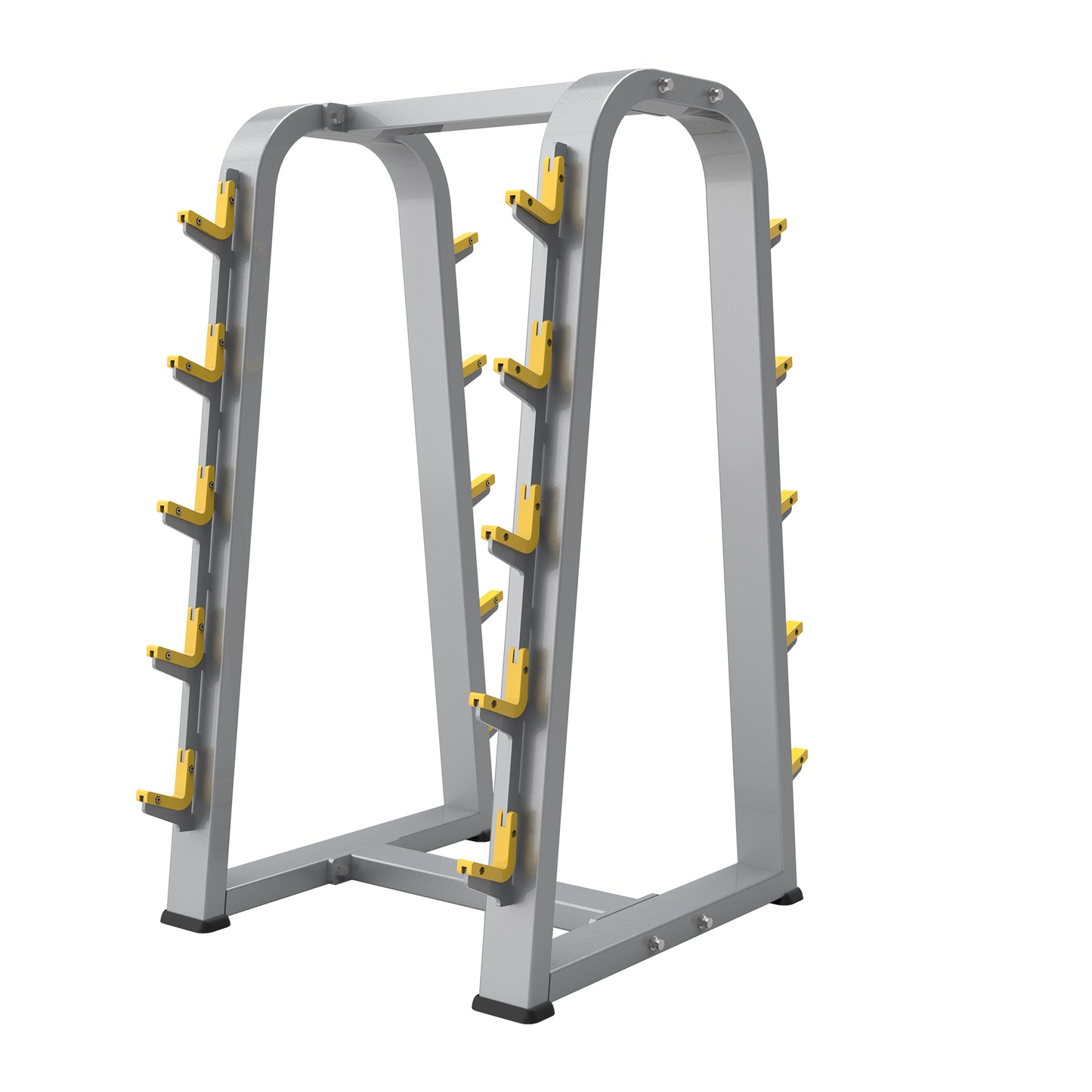 The BefitNow Canada AR55 Barbell Rack is a silver metal weight rack featuring angled yellow supports on both sides for holding barbells or weights. Weighing 152 lbs and measuring 39" x 32" x 57", it stands on a white background.