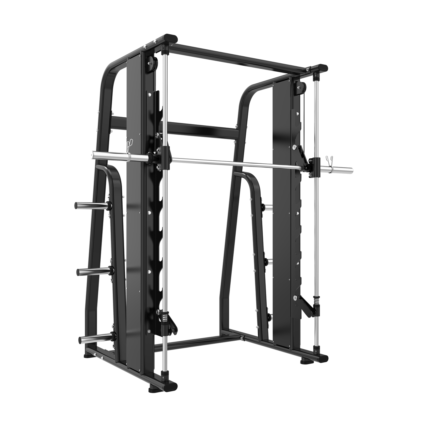 The BefitNow Canada A116 Smith Machine is a black metal weightlifting rack with built-in barbell, safety hooks, and plate storage pegs. Measures 88"x53"x90", holds up to 595 lbs. Shown on a white background.