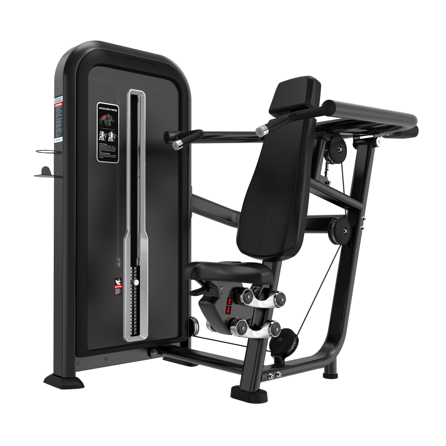 The BefitNow Canada Shoulder Press is a black and silver strength machine for gyms, featuring a padded seat, backrest, handles, visible side adjustment levers, 220lbs weight stack, and measures 77x57x64.