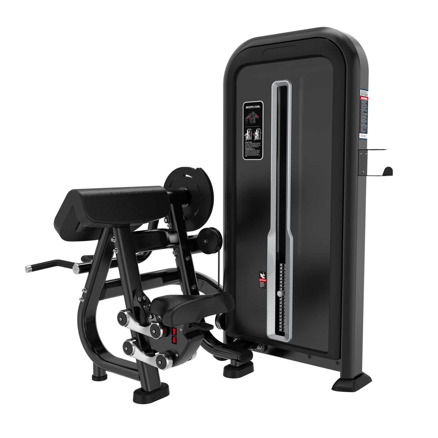 The BefitNow Canada Biceps Curl is a black gym machine with padded seat and armrest, adjustable weight stack, levers, clear instructions, and a compact design—ideal for preacher curls in any fitness space.