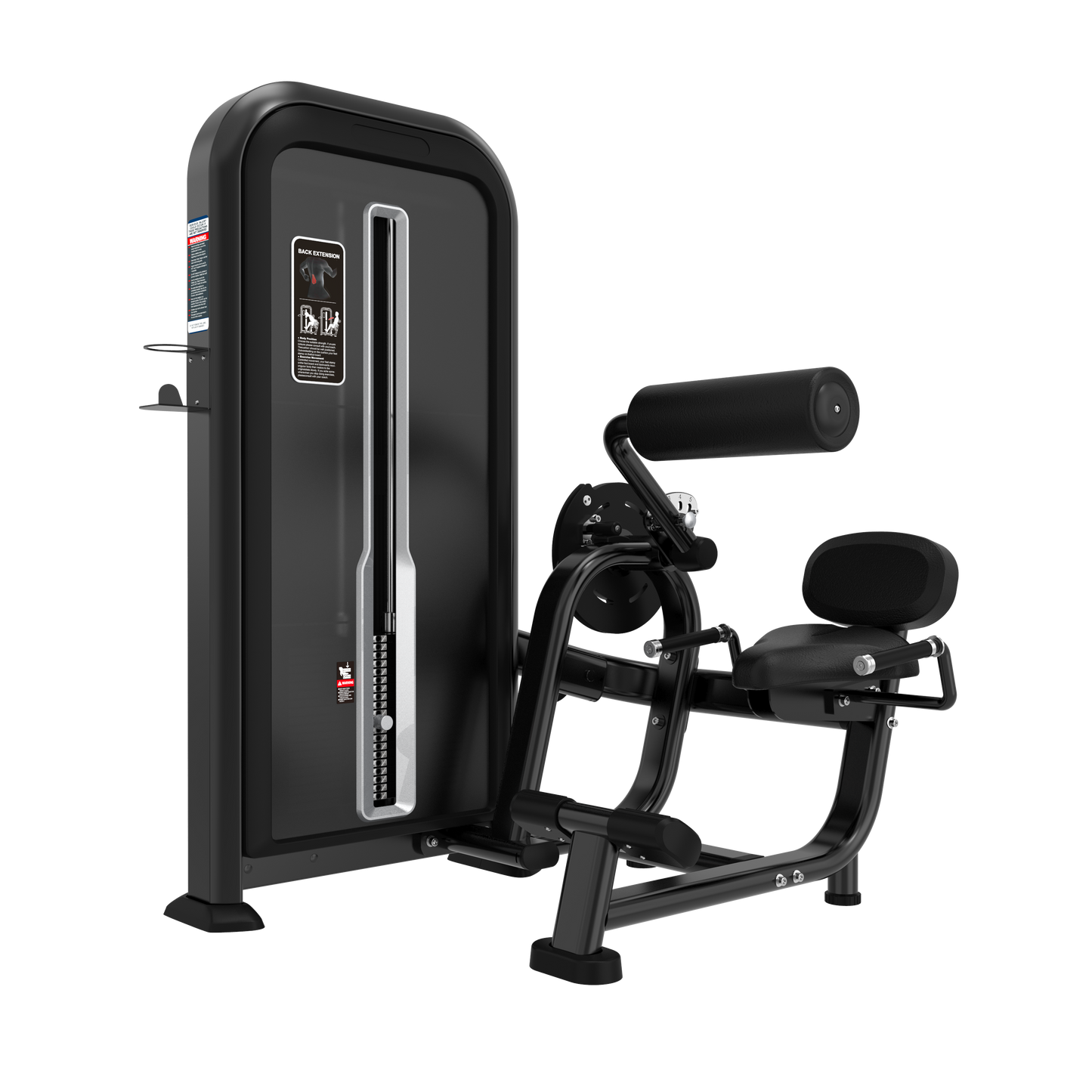The BefitNow Canada Back Extension is a black and silver gym machine with a padded seat, backrest, leg pad, adjustable weight stack, and instructional panel. Its compact design ensures efficient use for back extension exercises in any gym.