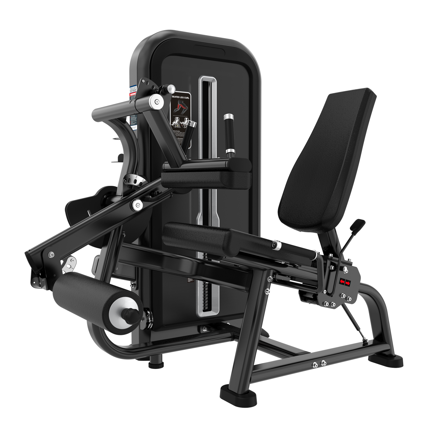 The BefitNow Canada Seated Leg Curl is a black gym machine with a padded seat, rollers, adjustable levers, and weight stack for lower body strength. Its compact size makes it perfect for efficient workouts in any space.