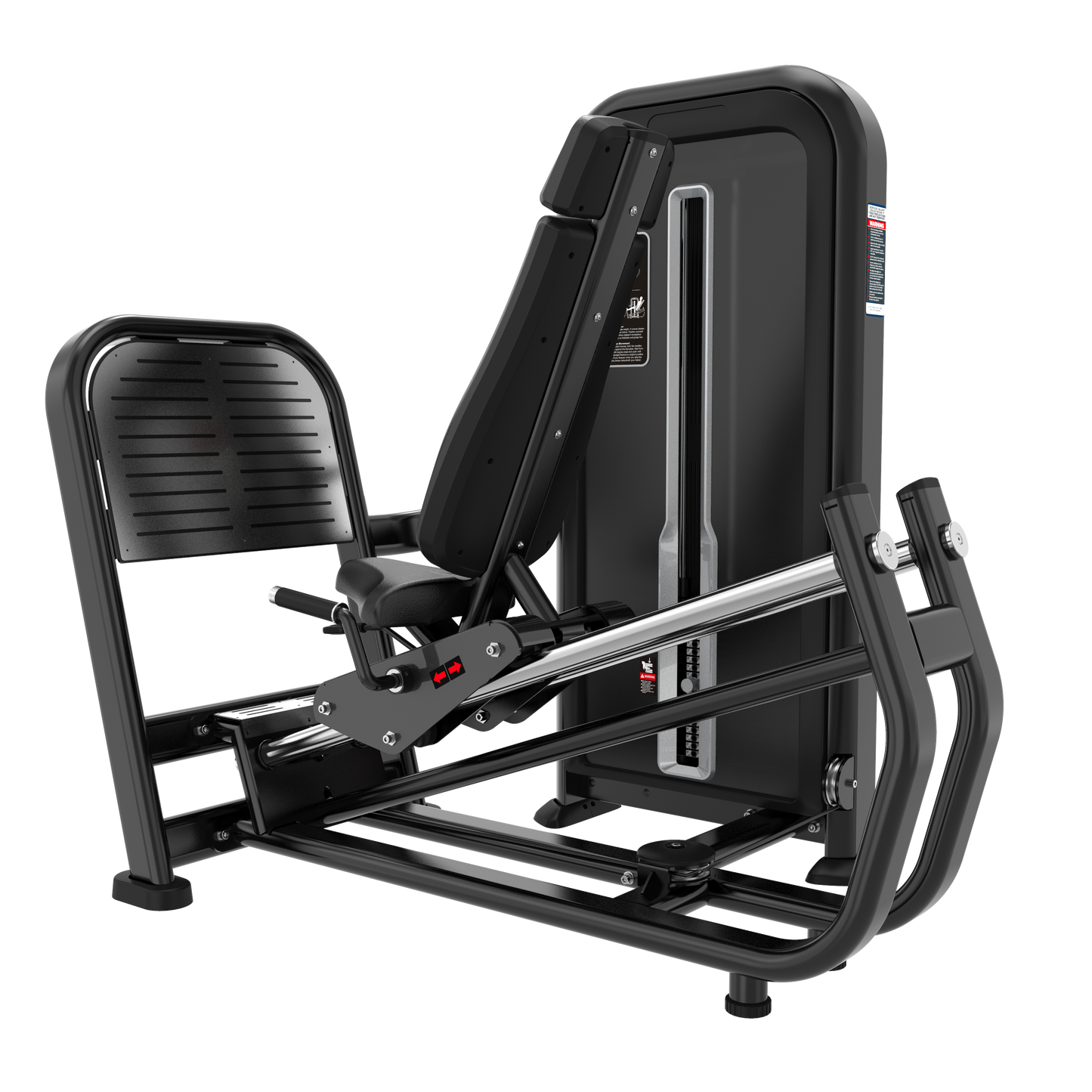 The BefitNow Canada Leg Press features a black and silver design, padded backrest and seat, wide footplate, and adjustable weight stack. Its compact size makes it ideal for efficient gym workouts.