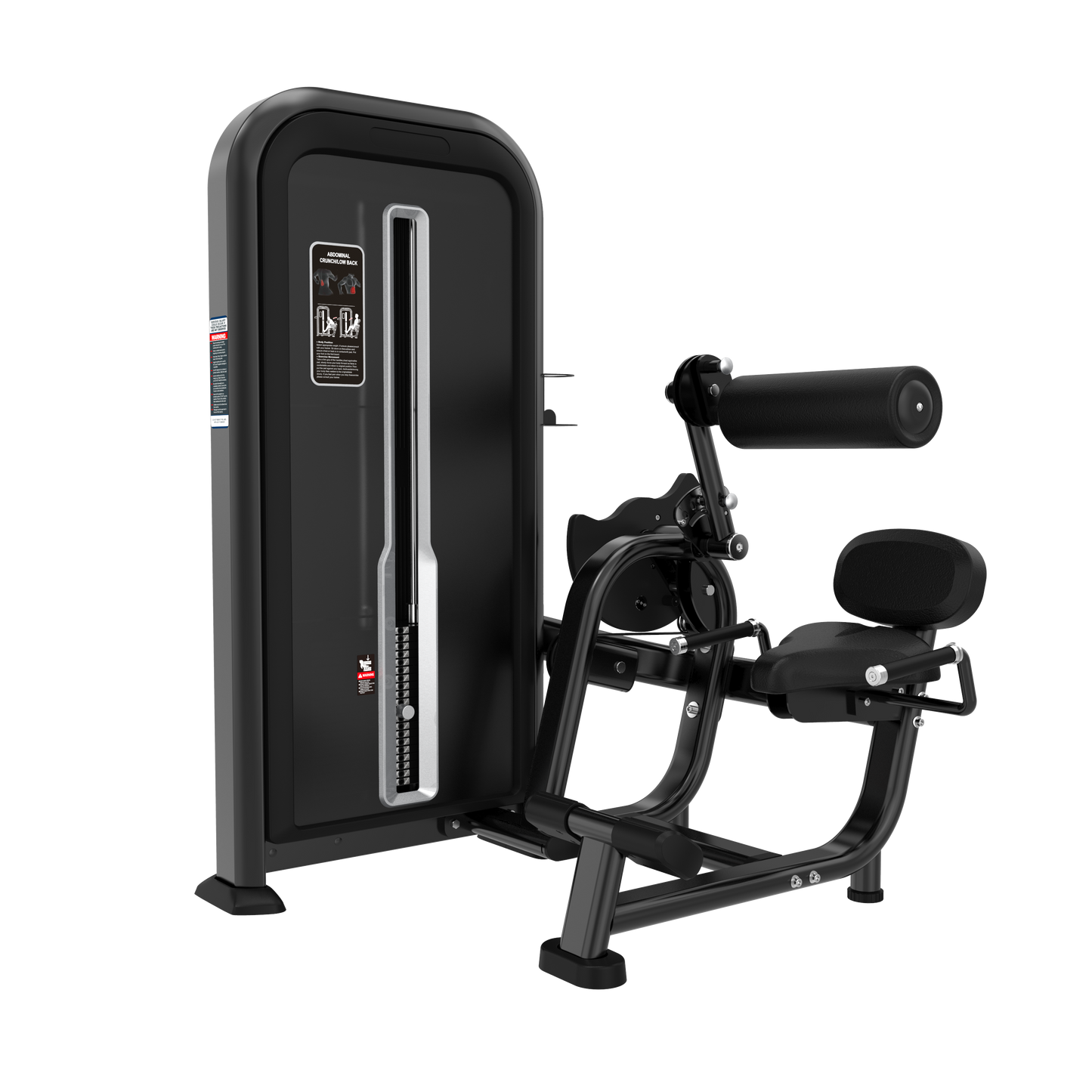 The BefitNow Canada ABDOMINAL CRUNCH/LOW BACK features a black padded seat, thigh pad, and resistance lever. Its compact design includes a dimension-friendly side weight stack with a visible selector pin for easy adjustments.