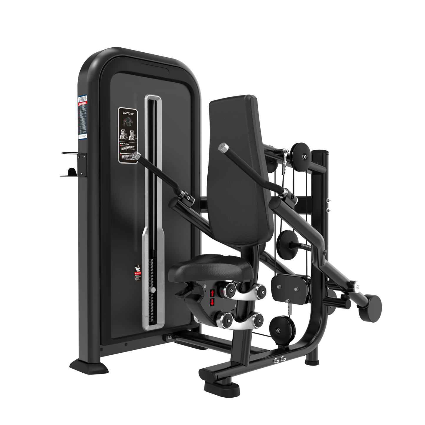 The BefitNow Canada Seated Dip is a black, commercial-grade machine featuring a padded seat and backrest, adjustable handles, weight stack for variable resistance, instructional placard, and compact design—ideal for strength training in any gym.