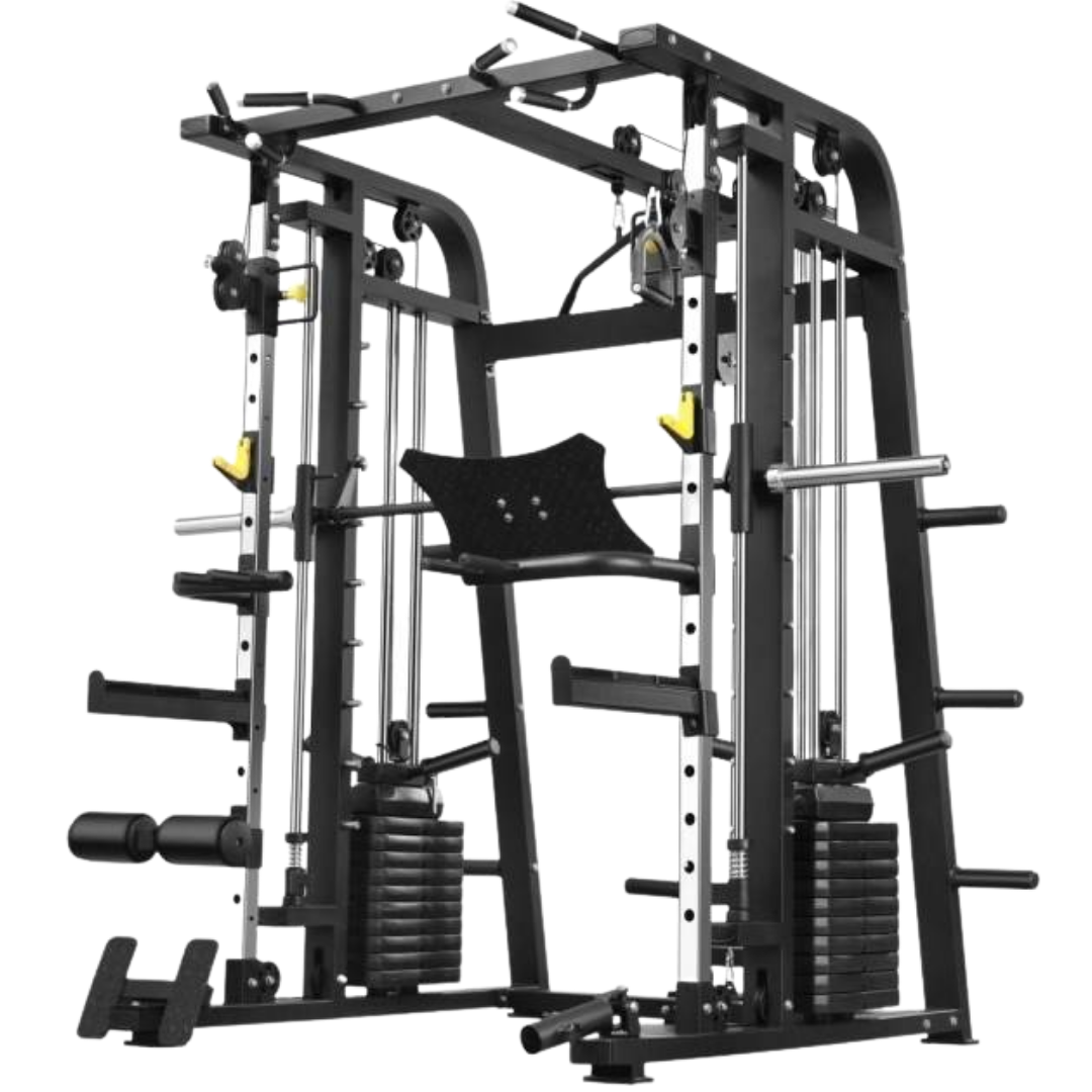 A multifunctional Smith machine with various attachments, weight stacks, and pulley systems for strength training. It includes a pull-up bar, leg extension, and adjustable bench. The frame is black with silver detailing.