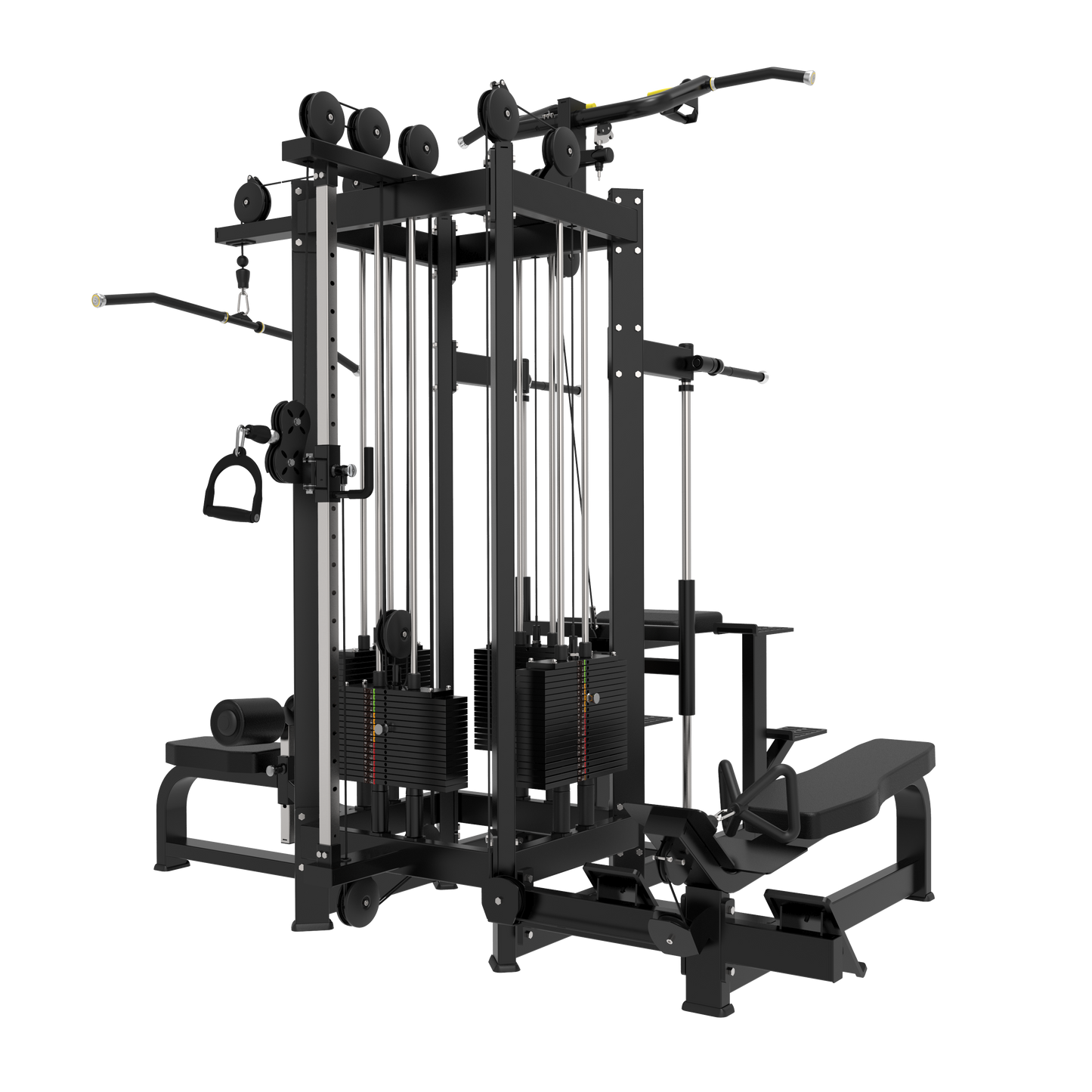 The BefitNow Canada AR66 Multi Jungle 4 Station is a heavy-duty gym machine featuring pulleys, weight stacks, handles, bars, and a bench for versatile strength training. Its sleek black design stands out against a plain white background.