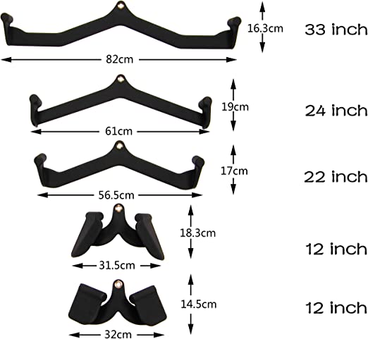 The Urethane 5pc Attachment Set by BefitNow Canada features five sleek black wall mount brackets in sizes: 33 inches (84 cm), 24 inches (61 cm), 22 inches (56 cm), and two at 12 inches (30 cm). Ideal for organizing your home gym and perfect attachments for cable machines.