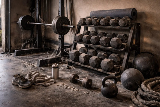 Abandoned gym equipment in corner, dusty dumbbells