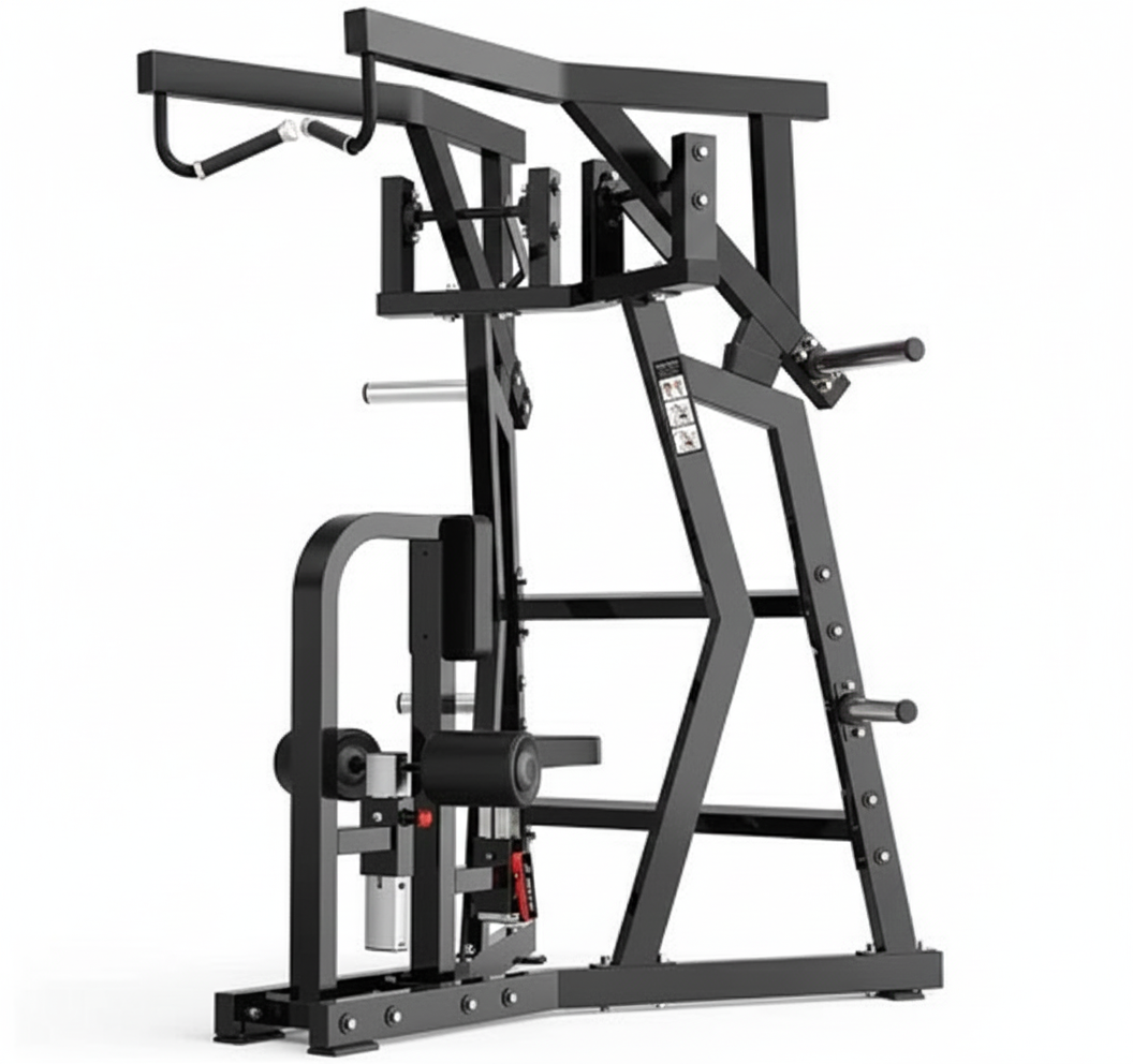 A black and red plate-loaded gym machine designed for upper body strength training, featuring handles, padded seat, and storage pegs for weight plates.