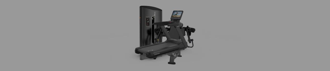 A sleek multi-functional gym machine with a dark frame, adjustable seat, and attached digital screen for workouts.