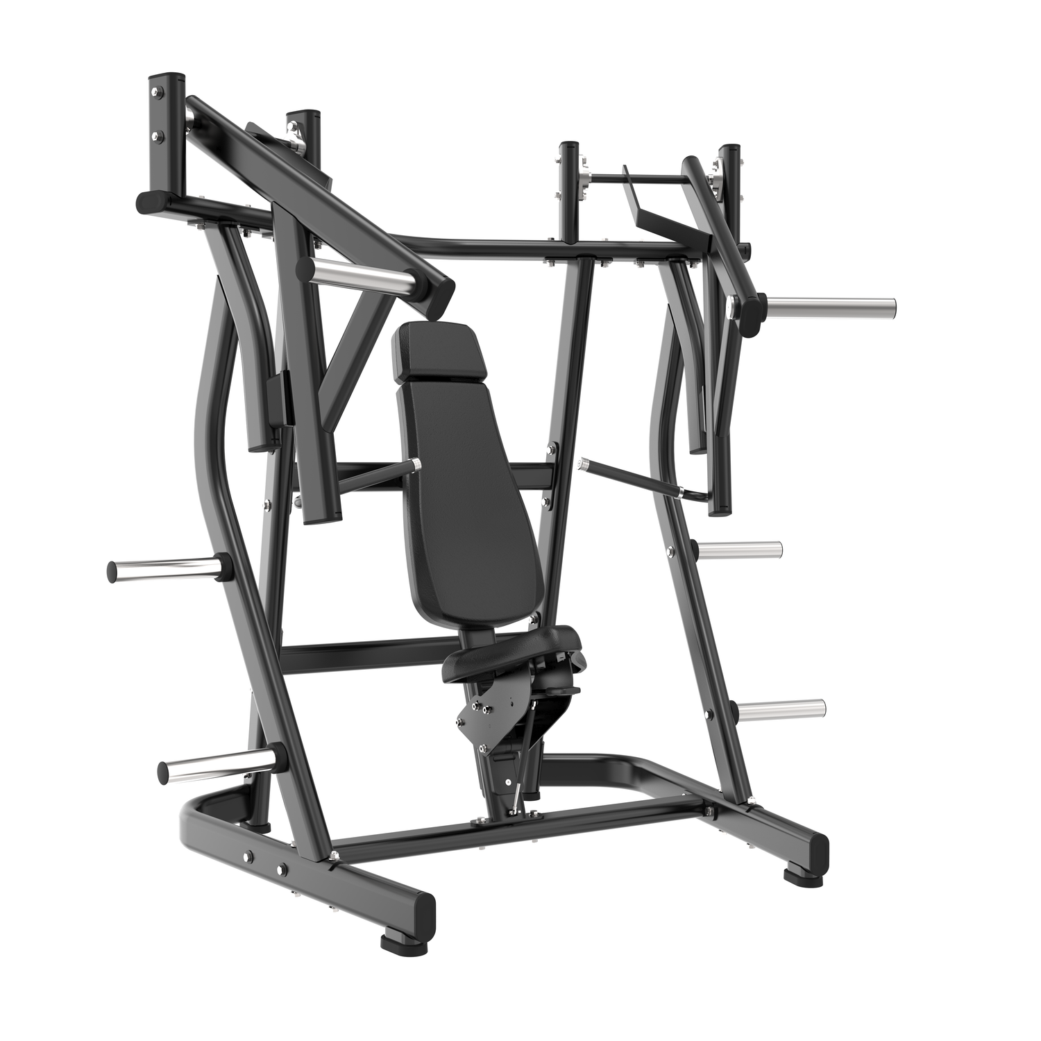 A black incline chest press machine with an adjustable padded seat, handles, and weight plate holders, designed for strength training, isolated on a white background.