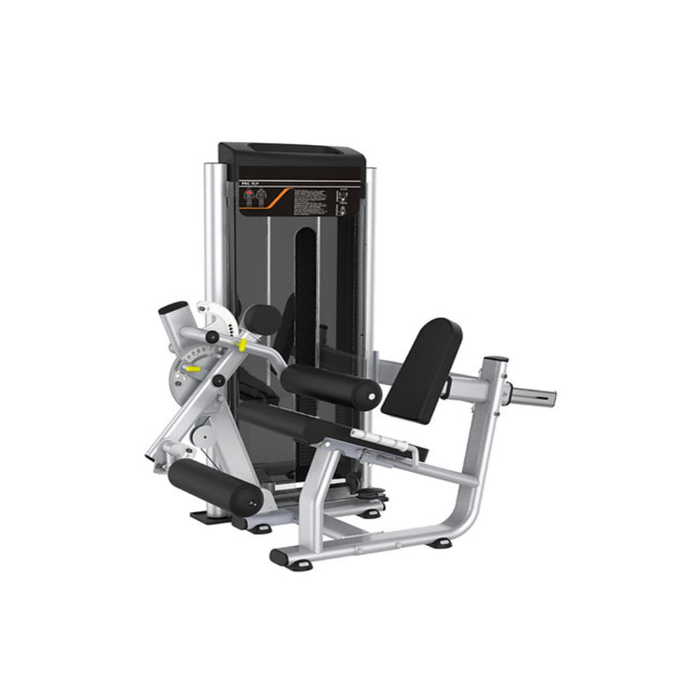 A seated leg extension machine with padded seat, backrest, and adjustable leg pads. The machine features a weight stack and a sleek, modern design suitable for gym use.