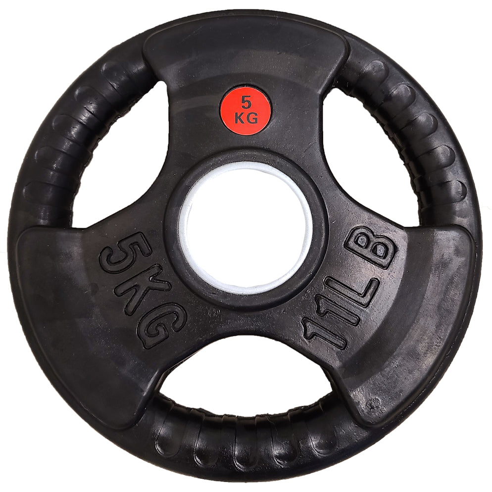 A black weight plate with three grip slots, labeled “5KG” and “11LB,” featuring a red circle indicating 5 KG at the top, and a large central hole for a barbell.