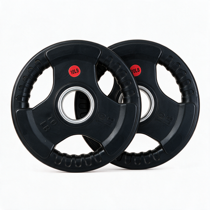 Two BefitNow Canada Premium Rubber Plates, each weighing 10 pounds and featuring three grip handles, are stacked slightly offset on a white background. Made from ultra-durable virgin rubber with low bounce, each plate has a metal center and a red “10 LB” label. Designed to fit any Olympic barbell, these plates are sold in pairs and backed by a lifetime warranty.