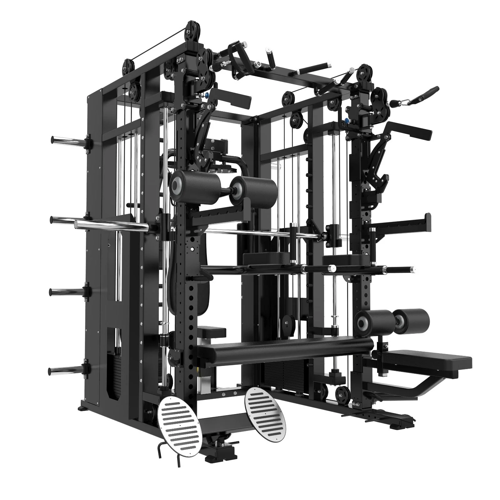 The Kahuna All in One Power Rack by BefitNow Canada is a large black home gym made of commercial steel, featuring attachments, cables, pulleys, bars, benches, and pedals for versatile strength and resistance training.