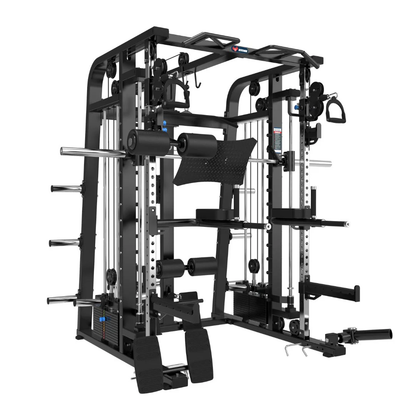 The BefitNow Canada Mr. Monster Smith Machine Functional Trainer is a multifunctional black all-in-one unit with adjustable pulleys, weight racks, pull-up bars, foot platforms, and attachments for strength and resistance training.