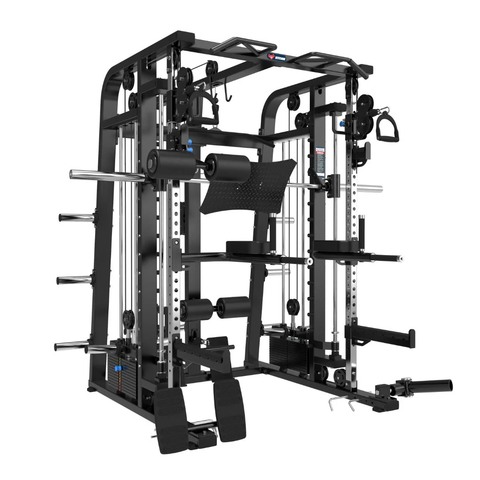 The BefitNow Canada Mr. Monster Commercial Smith Machine Functional Trainer features a squat rack, smith machine, lat pulldown, pulley system, dip bars, foot plates, and weight storage—ideal for comprehensive strength training.