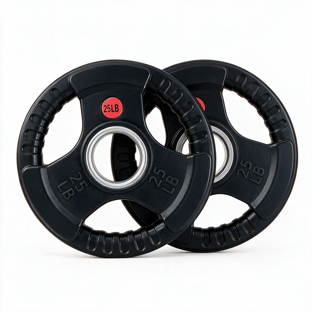 Two black 25-pound BefitNow Canada Premium Rubber Plates — Ultra-Durable, Low Bounce — are shown overlapping on a white background. Each plate, crafted from durable virgin rubber and featuring grip handles and large center holes, is clearly marked with “25 LB” and a red “25LB” label. Sold in pairs with a lifetime warranty, these plates are ideal for use with an Olympic barbell.