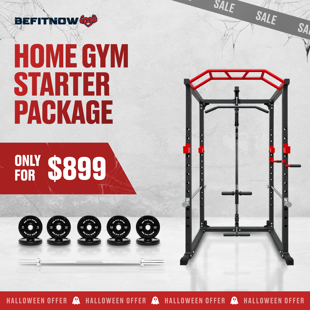 A BefitNow Canada Home Gym Starter Kit featuring a power rack, a barbell, and ten weight plates, with text advertising the package for $899.