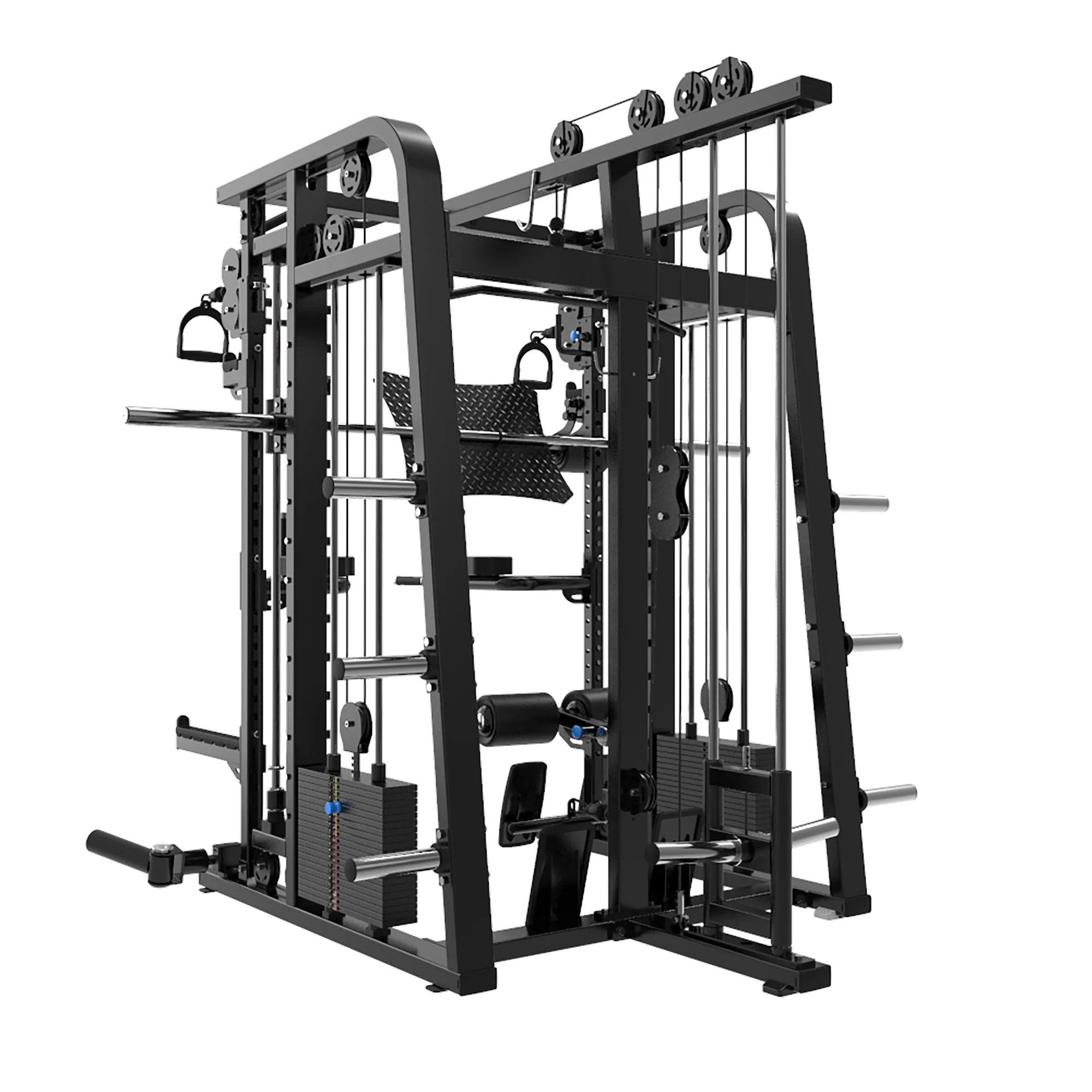 The BefitNow Canada Mr. Monster Smith Machine Functional Trainer is a black, multifunctional home gym with pulleys, weight stacks, bars, cables, attachments, and multiple adjustment points for versatile strength training.