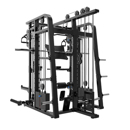 The BefitNow Canada Mr. Monster Smith Machine Functional Trainer is a black, multifunctional home gym with pulleys, weight stacks, bars, cables, attachments, and multiple adjustment points for versatile strength training.