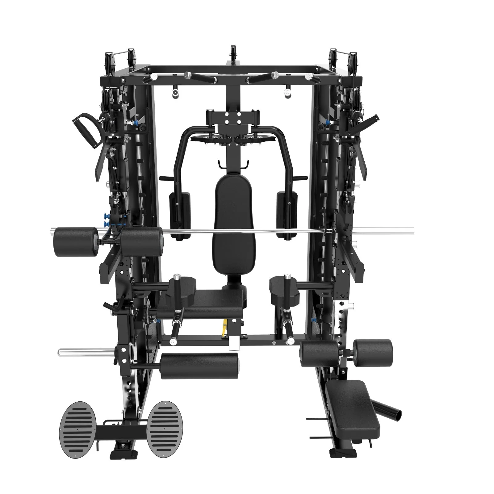 The Kahuna All in One Power Rack by BefitNow Canada is a multifunctional trainer featuring a bench, barbell, weights, pulleys, and commercial steel uprights for strength and resistance training, shown from the front.