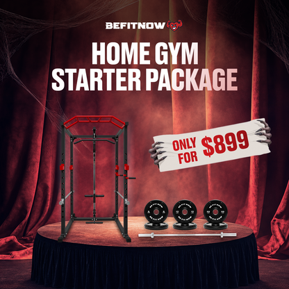 A BefitNow Canada Home Gym Starter Kit featuring a squat rack, a barbell, and six weight plates on a circular stage, with a sign held by claws reading Only for $899.