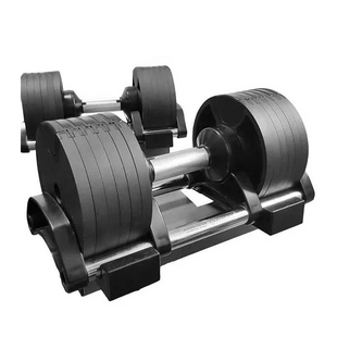 The BefitNow Canada 90lbs Adjustable Cast Iron Dumbbells feature black plates and silver handles on a black plastic base, providing a space-saving home gym solution, shown here against a plain white background.