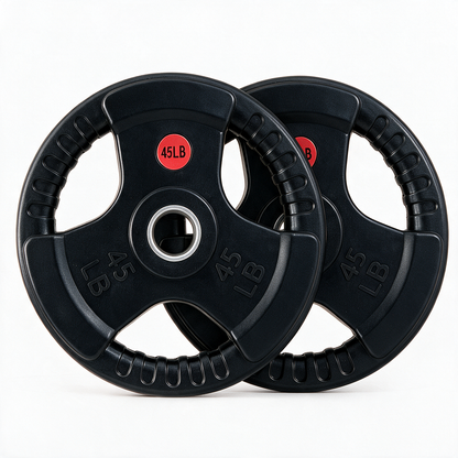 Two BefitNow Canada Premium Rubber Plates — Ultra-Durable, Low Bounce, each weighing 45LB and featuring a distinctive red 45LB marking and hand grips, are positioned upright against a plain white background. Sold in pairs with a lifetime warranty.