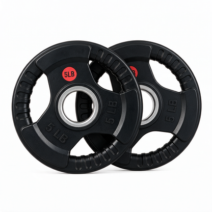 Two BefitNow Canada Premium Rubber Plates — Ultra-Durable, Low Bounce in black, each weighing 5 pounds and sold as a pair with a lifetime warranty, are shown overlapping on a white background. Made from durable virgin rubber, each plate features convenient grip handles and a silver center hole designed to fit Olympic barbells.