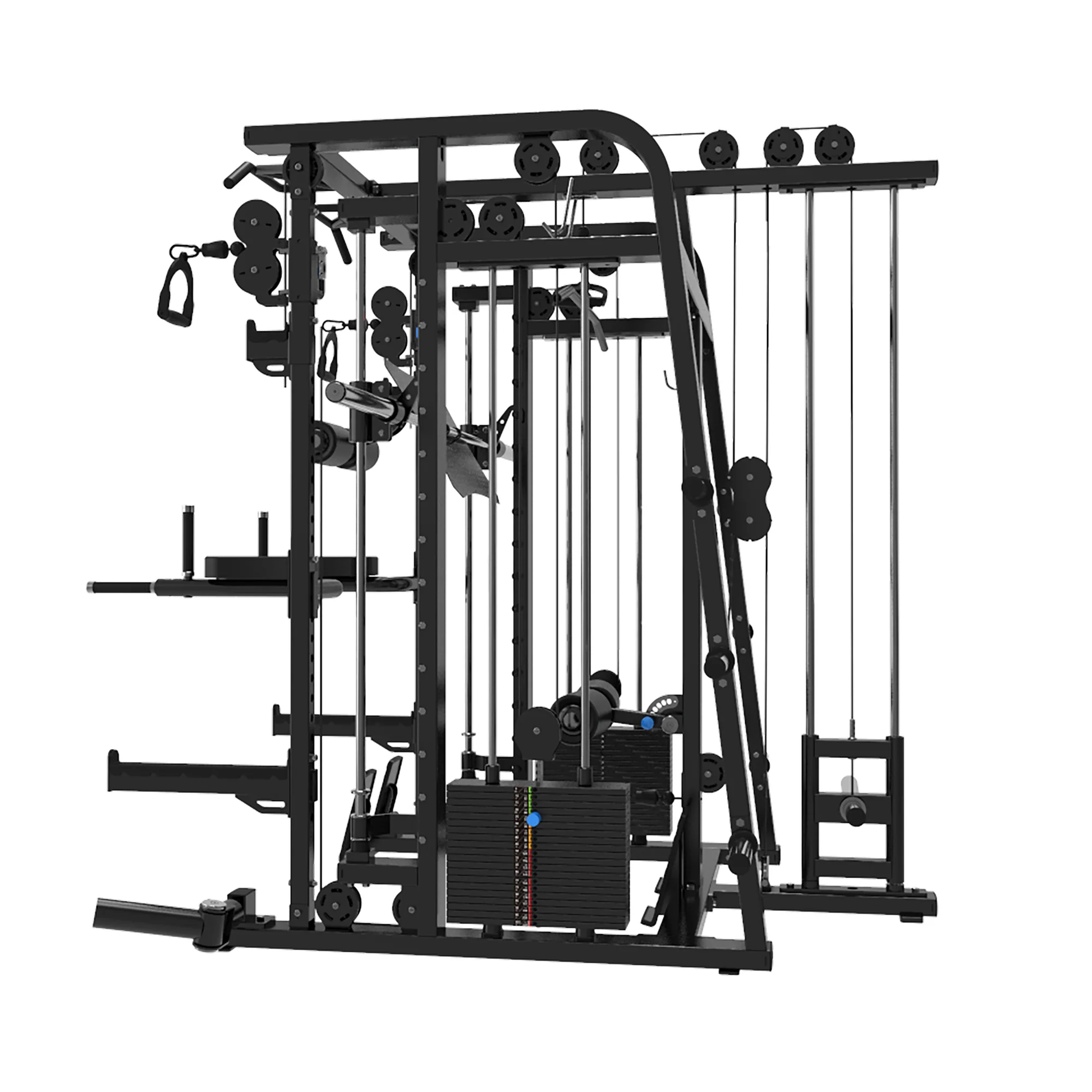 The BefitNow Canada Mr. Monster Smith Machine Functional Trainer is a multifunctional home gym with pulleys, cables, weight stacks, and attachment points for strength and resistance training. It features a sturdy black frame.