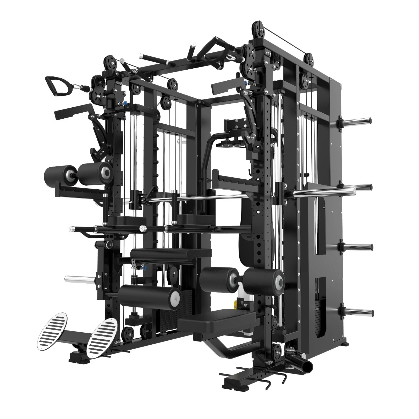 The Kahuna All in One Power Rack by BefitNow Canada is a black, multifunctional gym machine made with commercial steel, pulleys, bars, weight racks, and padded seats—perfect for strength training and full-body workouts at home.