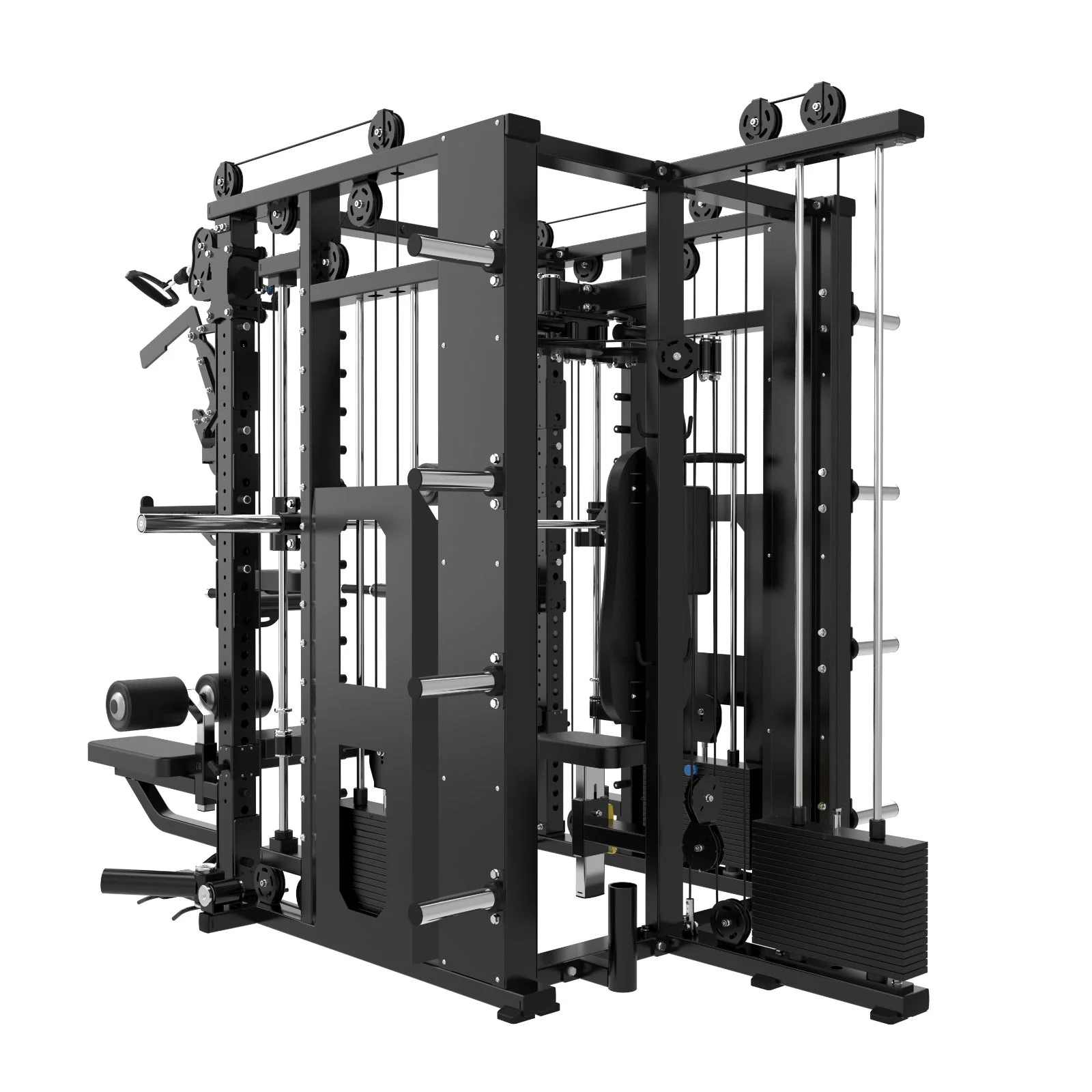 The Kahuna All in One Power Rack by BefitNow Canada is a large, black home gym with pulleys, cables, commercial steel uprights, weight stacks, and attachments for full-body strength training.