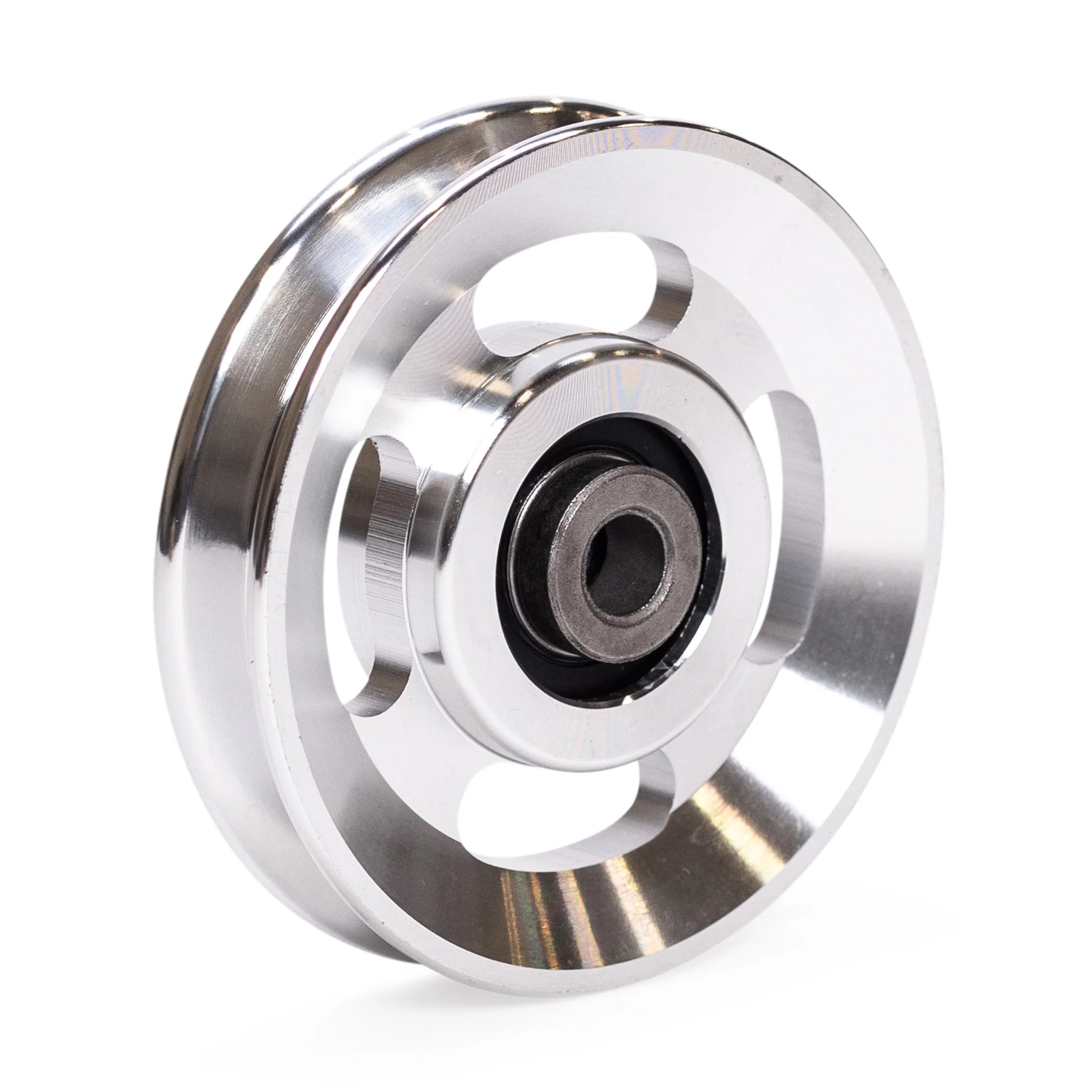The BefitNow Canada Aluminum Pulley Upgrade features a silver finish, central bearing, and three oval cutouts—an essential enhancement for any mechanical system, shown in a crisp photo on a white background.