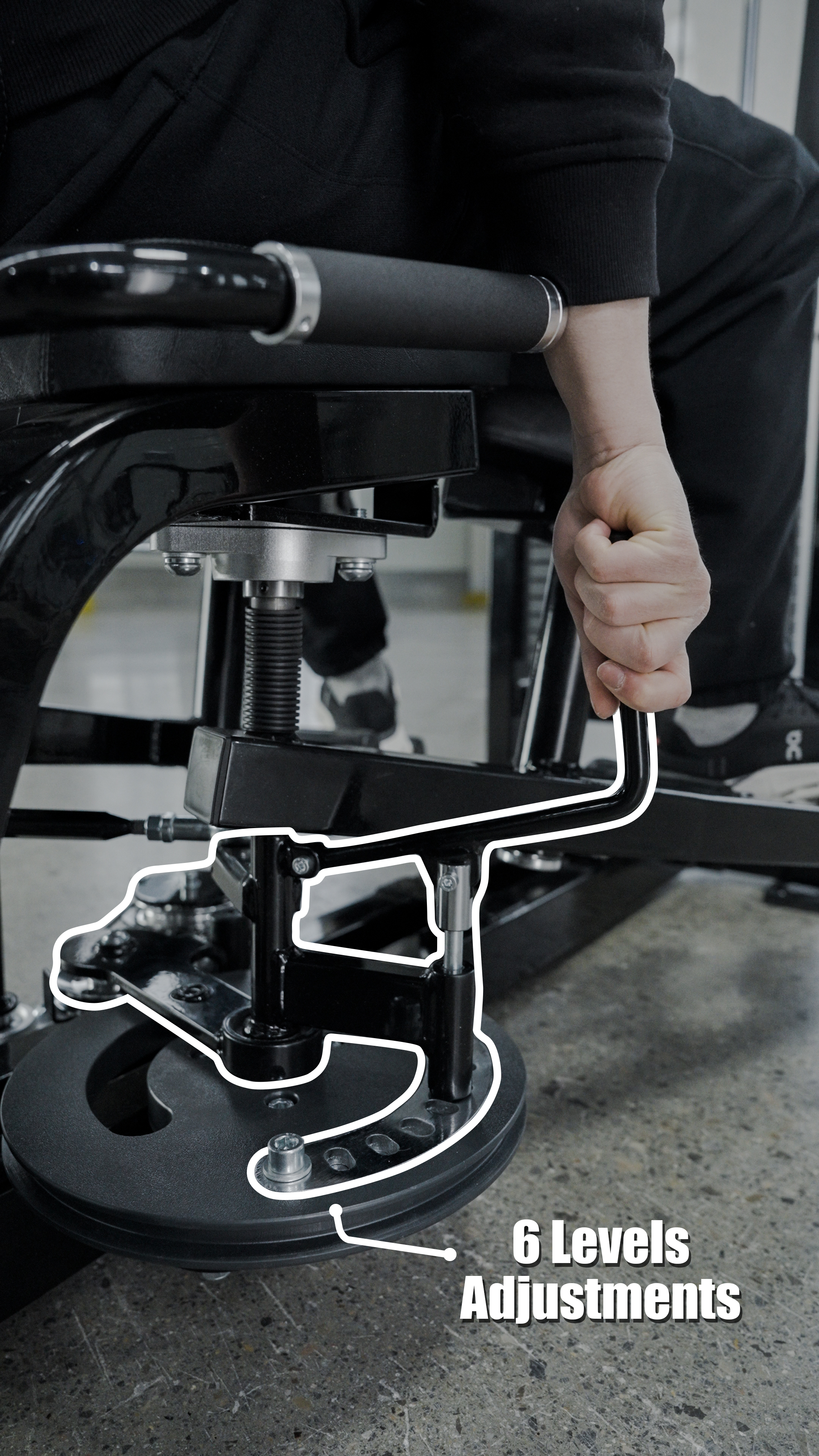 A person adjusts the setting lever on a BefitNow Canada HS32 Abductor/Adductor gym machine with metal weight plates, with 6 Levels Adjustments highlighted at the bottom right.