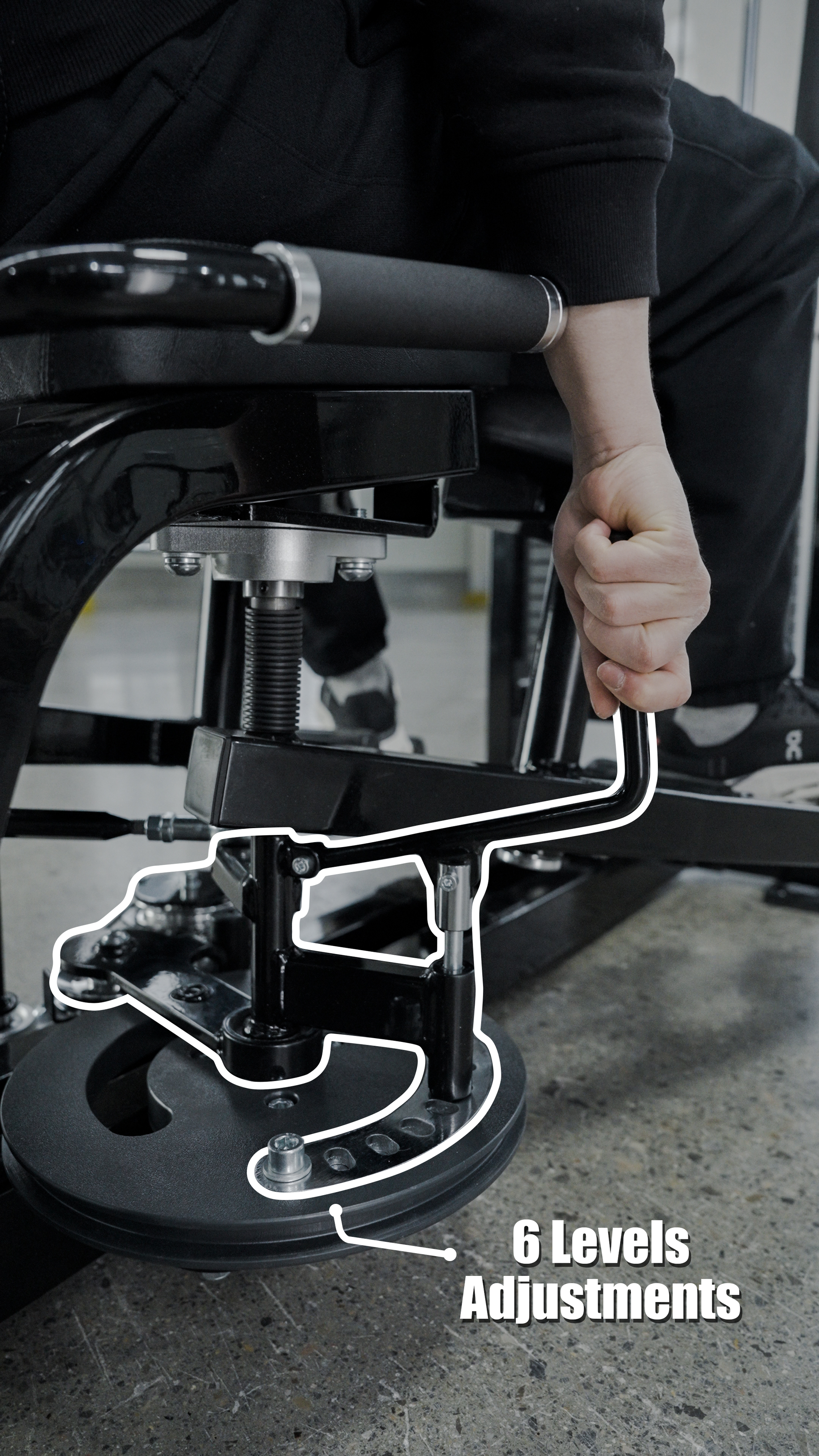 A person adjusts the setting lever on a BefitNow Canada HS32 Abductor/Adductor gym machine with metal weight plates, with 6 Levels Adjustments highlighted at the bottom right.