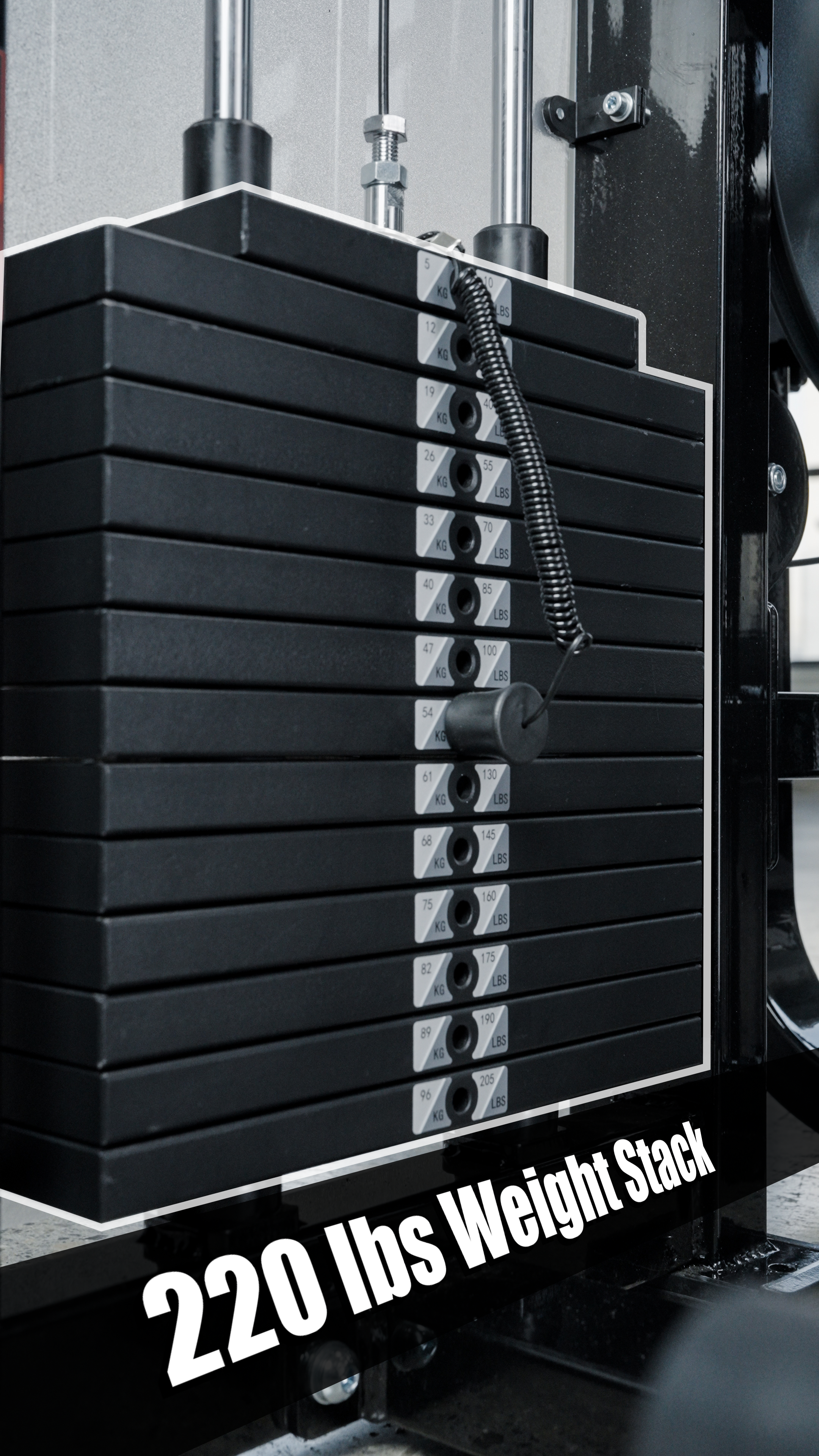 A close-up of the BefitNow Canada HS32 Abductor/Adductor shows its black weight stack, marked with increments and a pin for selecting weight. Bold white text at the bottom reads 220 lbs Weight Stack.