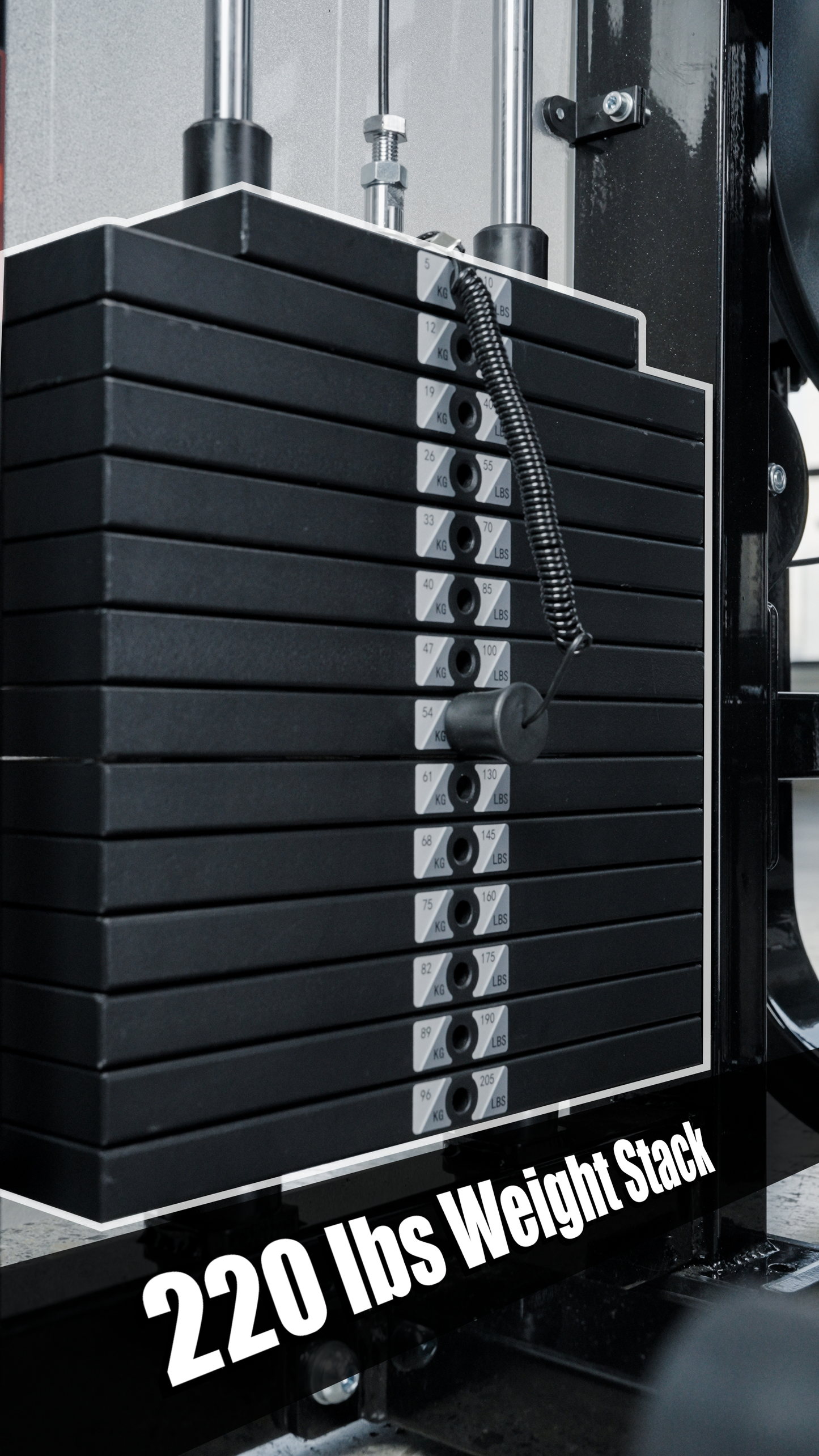 A close-up of the BefitNow Canada HS32 Abductor/Adductor shows its black weight stack, marked with increments and a pin for selecting weight. Bold white text at the bottom reads 220 lbs Weight Stack.