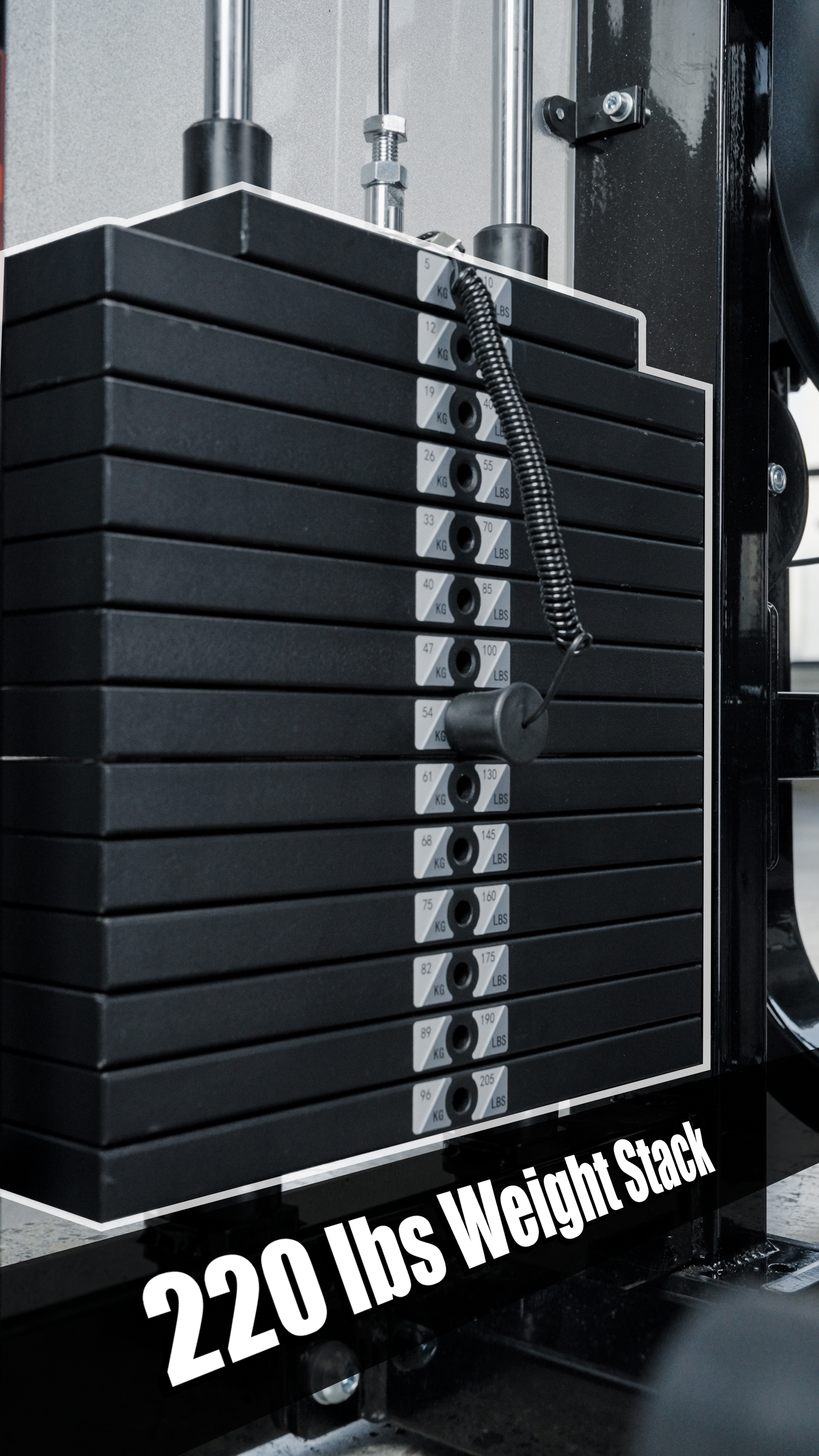 A close-up of the BefitNow Canada HS32 Abductor/Adductor shows its black weight stack, marked with increments and a pin for selecting weight. Bold white text at the bottom reads 220 lbs Weight Stack.