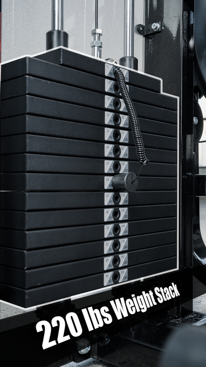 A close-up of the BefitNow Canada HS32 Abductor/Adductor shows its black weight stack, marked with increments and a pin for selecting weight. Bold white text at the bottom reads 220 lbs Weight Stack.