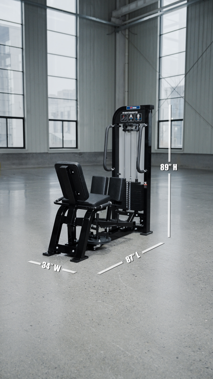 The BefitNow Canada HS32 Abductor/Adductor gym machine, in black with a weight stack, sits in a spacious room with large windows. White text displays its dimensions: 34" wide, 87" long, and 89" high.