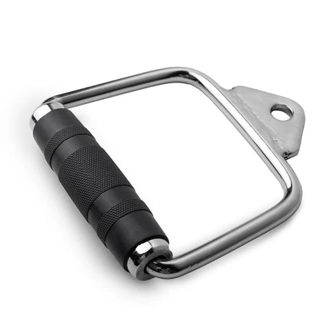 The Steel D Handles Pair by BefitNow Canada features a durable steel handle with a black rubberized textured grip, designed for exercise equipment. It attaches to a square metal frame with a loop for cable machines and has grooves for enhanced grip.