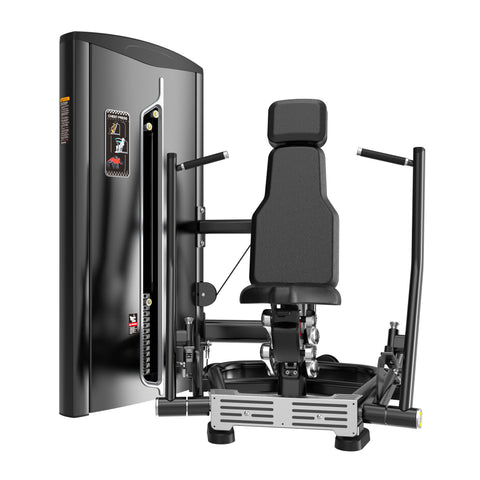 The BefitNow Canada Chest Press is a black, padded machine with dual handles, an adjustable weight stack, and a backrest—ideal for effective strength training in any gym space.