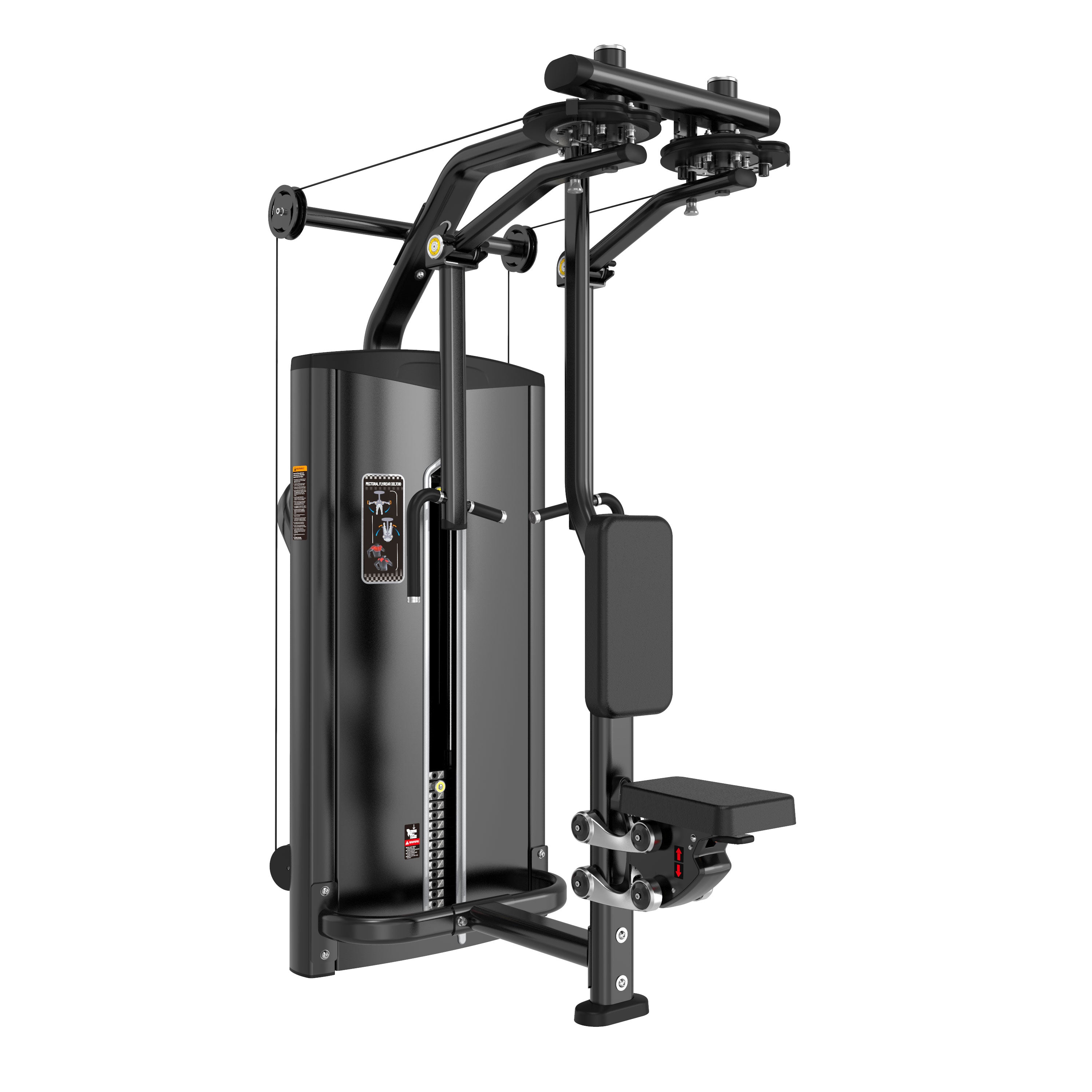 The BefitNow Canada Pec Fly is a black, multi-functional fitness machine with weights, adjustable cables, and padded seat and backrest for chest fly and rear delt exercises. Its compact size fits perfectly in any home gym.